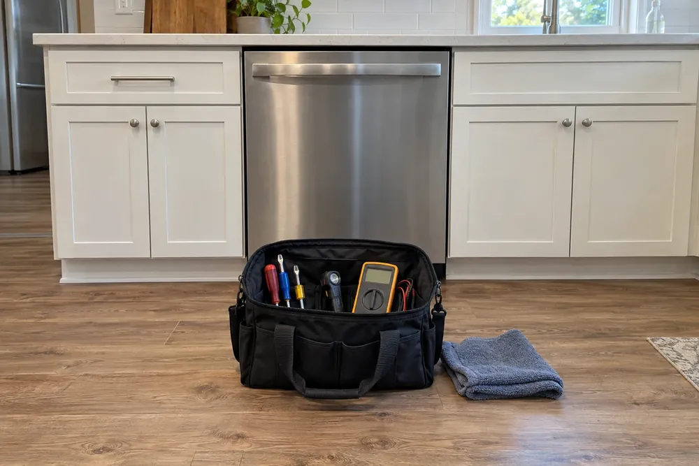 Open black tool bag and folded towel beside a stainless dishwasher on a kitchen floor
