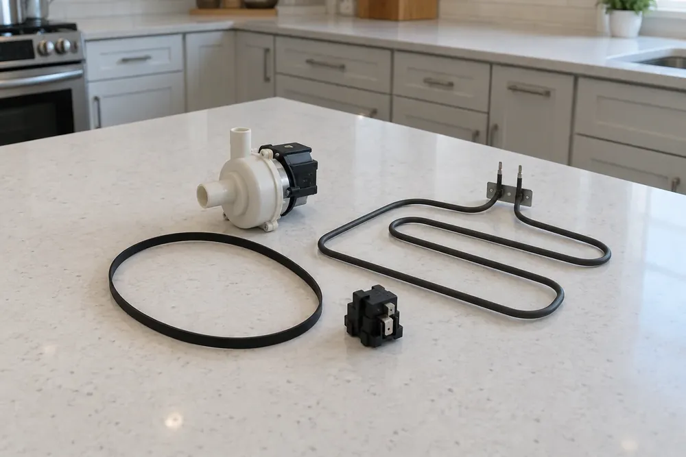 Dryer belt, dishwasher drain pump, oven element and refrigerator start relay on a kitchen counter