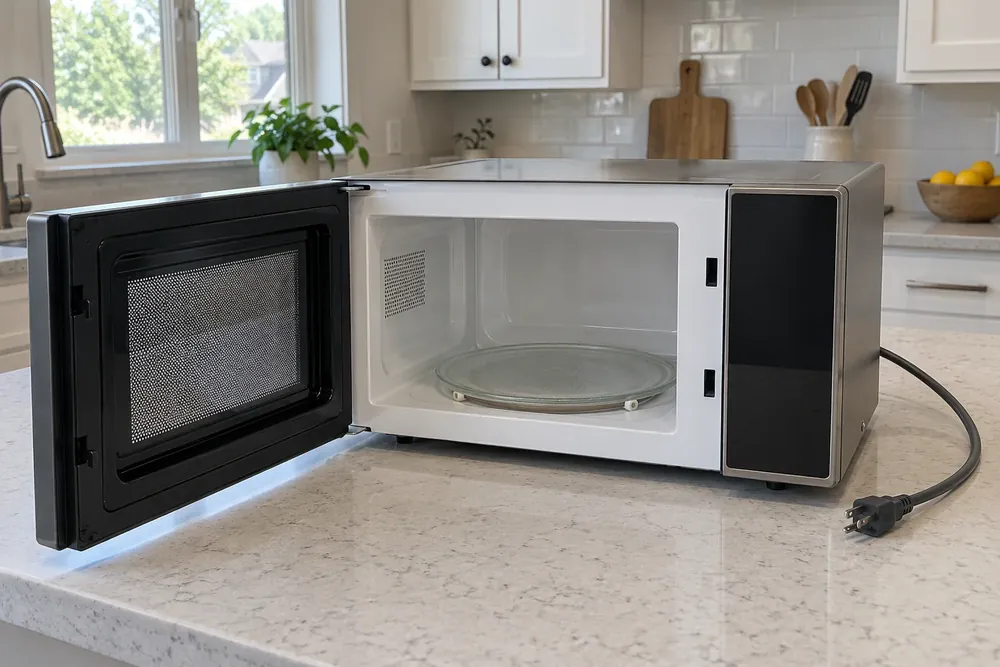 Unplugged countertop microwave on stone counter with open door, empty cavity, visible turntable and plug on counter