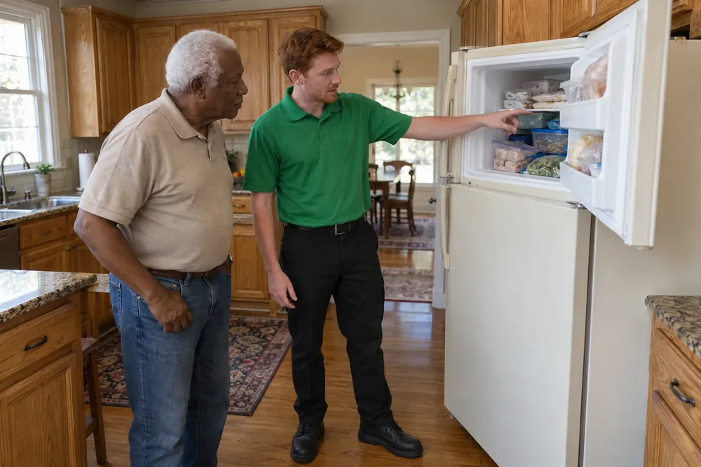Technician and homeowner discussing an older almond-colored refrigerator with its freezer door open
