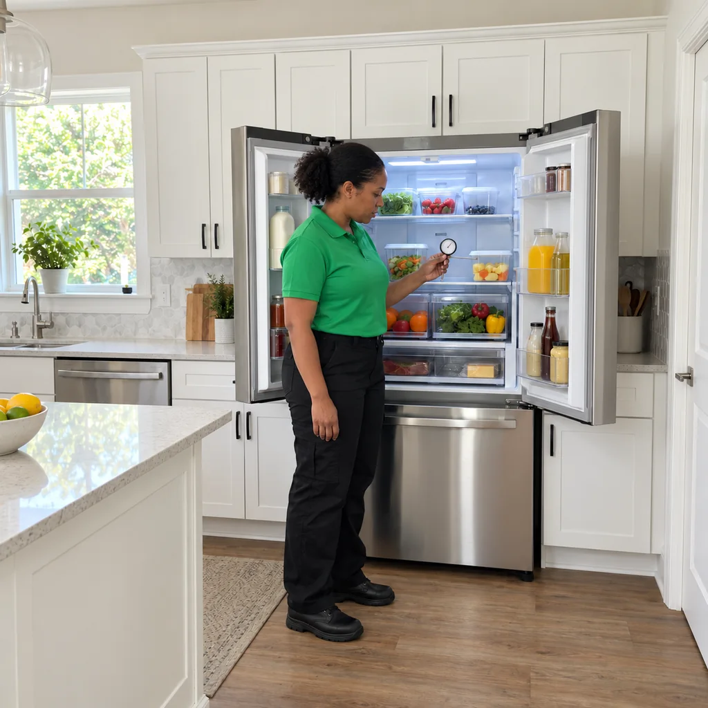 Technician in a plain kelly-green polo checking a French-door refrigerator with a probe thermometer