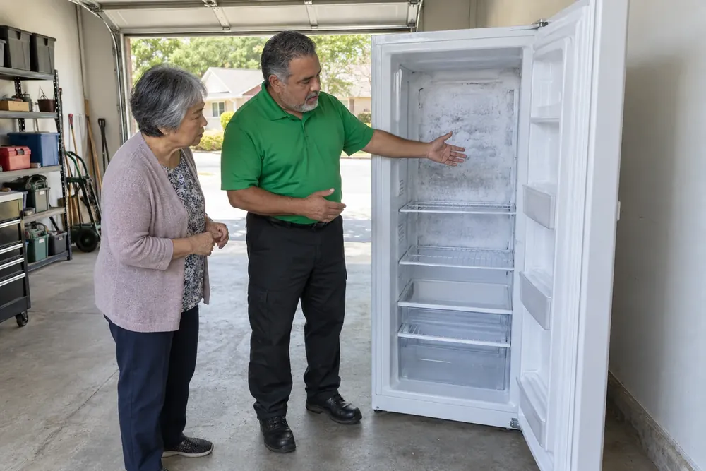 Technician showing a homeowner heavy frost inside an open white upright freezer in a garage