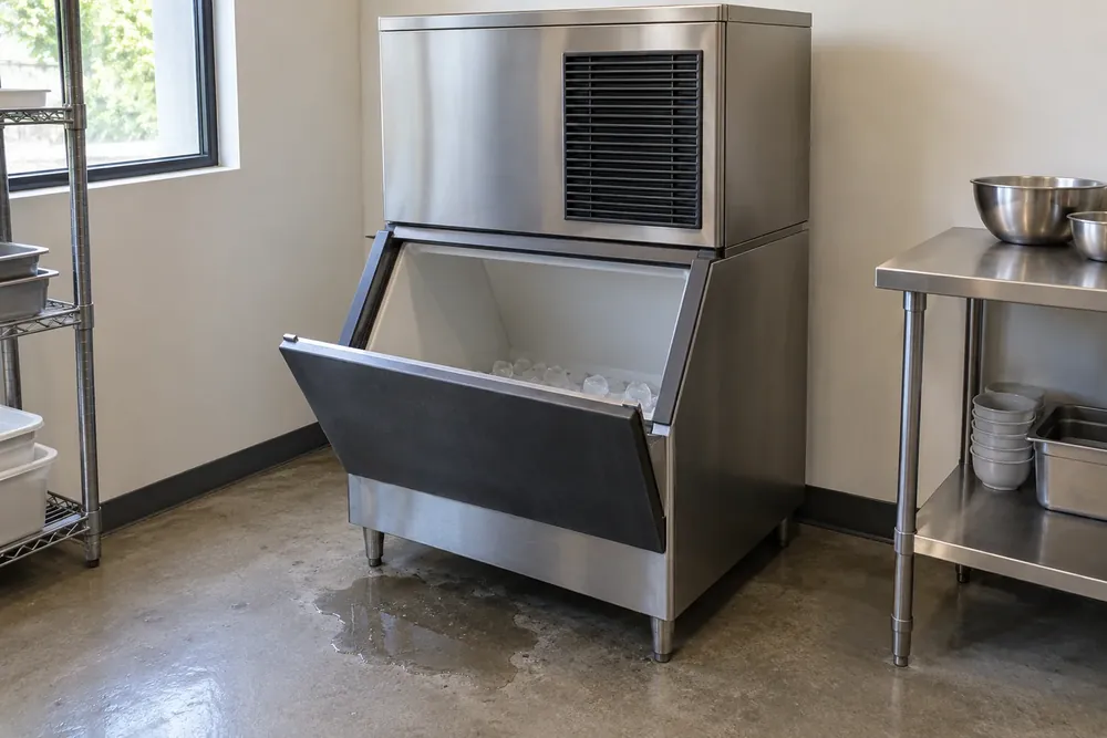 Commercial ice machine with its bin door open and water pooled on the floor beneath it
