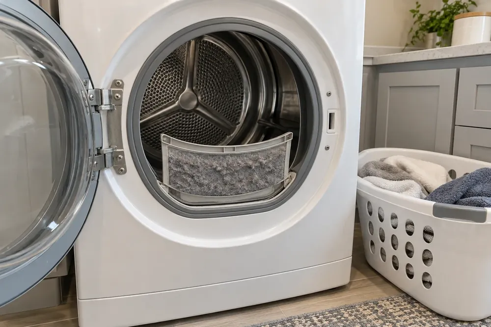 Thick gray lint packed on the lint screen in the open door of a white front-load dryer