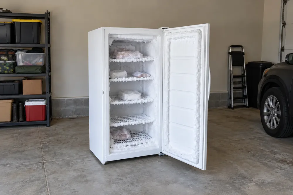Open upright freezer in a garage with frost covering wire shelves and the door seal