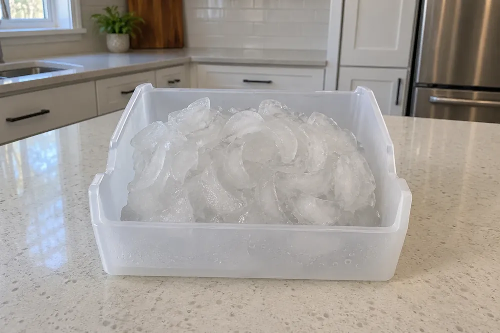 Plastic ice bin on a kitchen counter with crescent cubes frozen into one clump