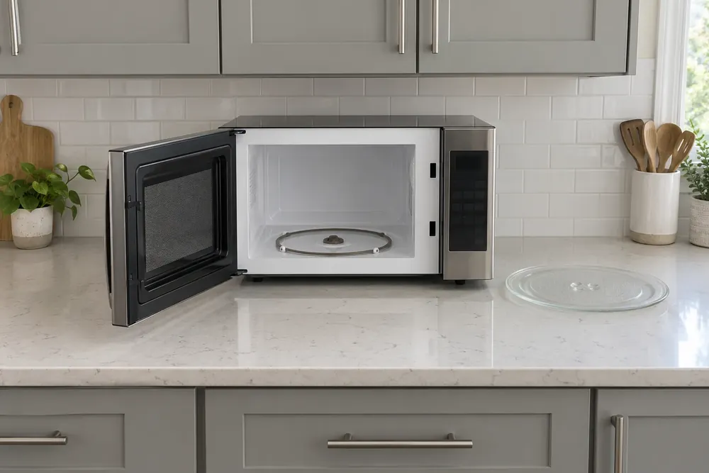 Open countertop microwave with glass turntable beside it and roller ring visible inside