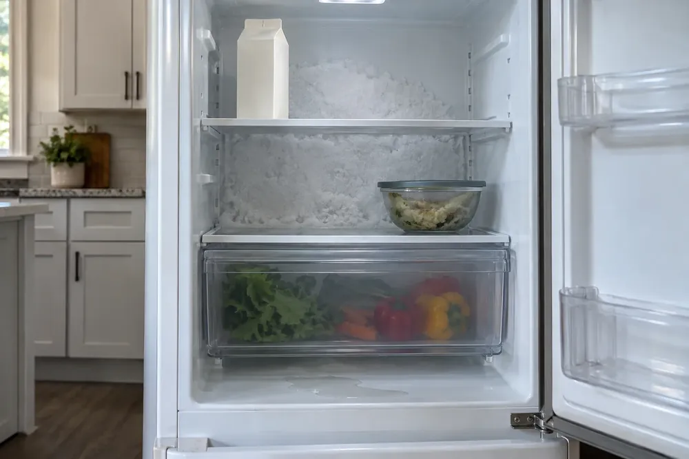 Open refrigerator with heavy frost built up on the back wall above the crisper drawer