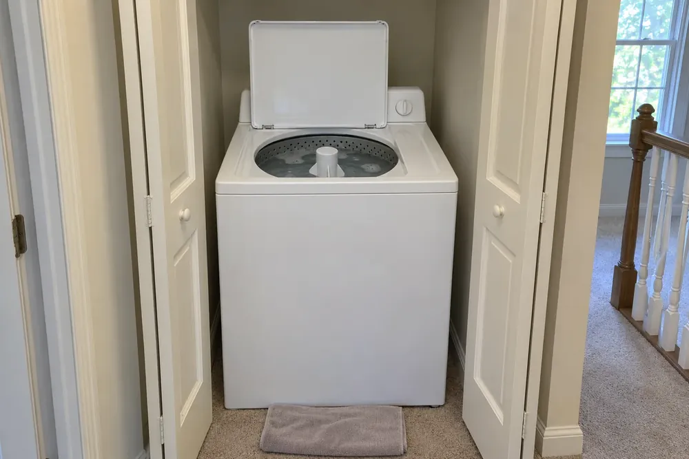 Top-load washer with its lid open in a hall laundry closet, a mat on the floor in front